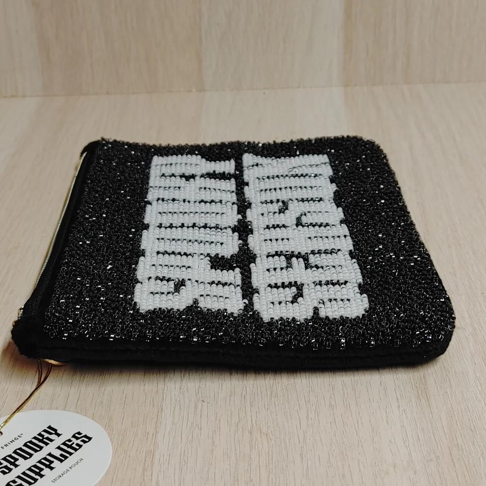 Spooky Season Beaded Halloween Pouch Clutch Black 6 1/4